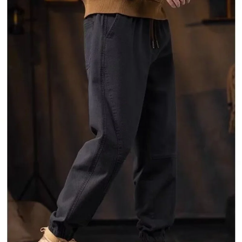 New Men's Spring Autumn Solid Color Trousers Elastic High Waist Pockets Drawstring Spliced Stylish Loose Casual Harlan Pants