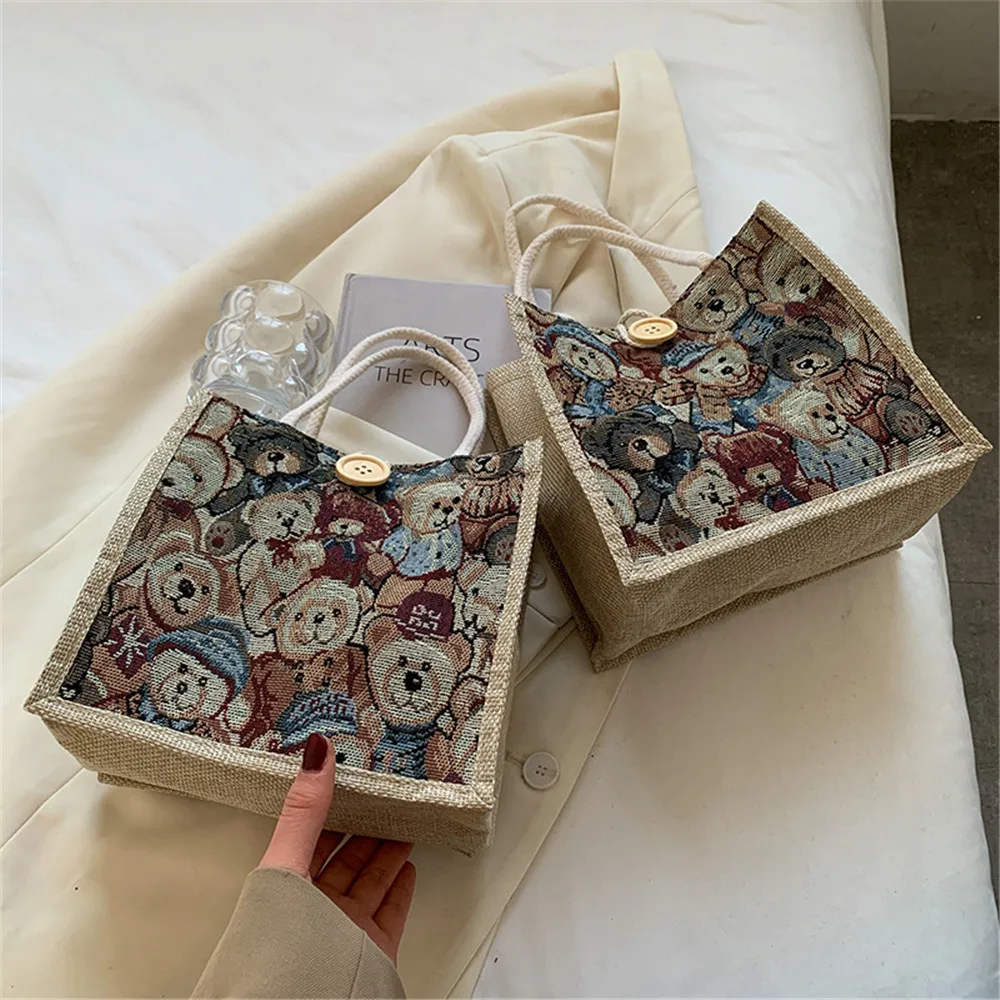 

Linen Button Zipper Handbag Gift Packing Bag Flower Pattern Large Grocery Bag Women Beach Tote Portable Lunch Bag New Fashion