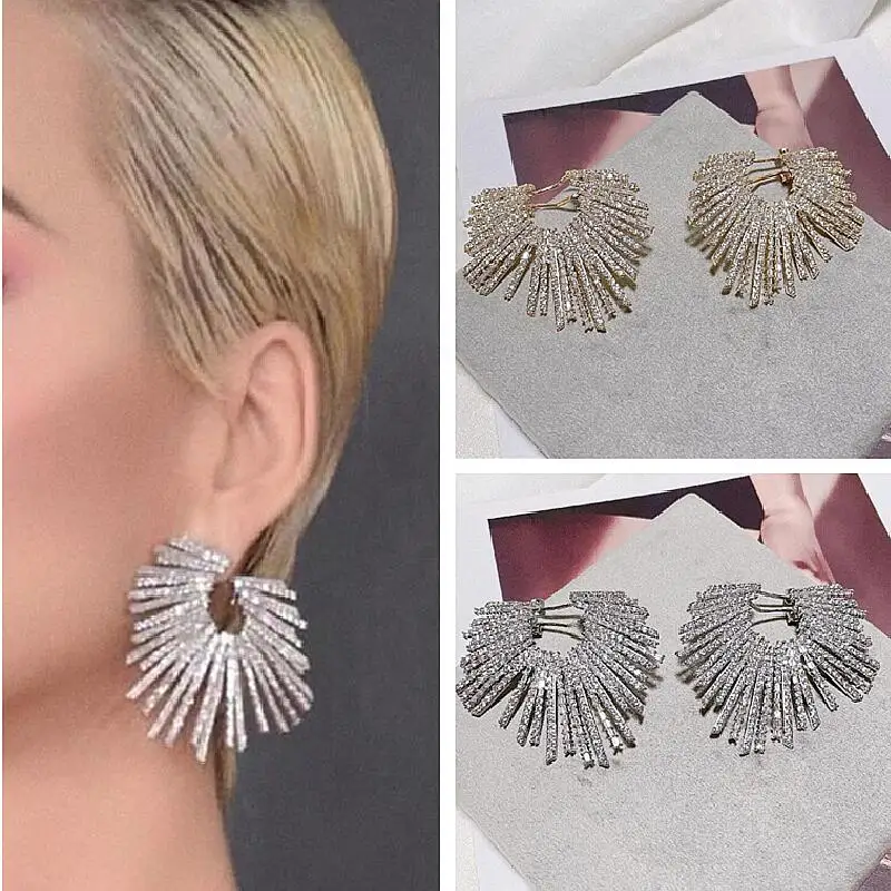 Luxury Fireworks Bloom Earring Sector Micro-inlay Cubic Zircon Back Cuff Design Earrings Women Jewelry Big Bling Drop Earring