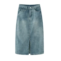 Summer New High-waist Slit Denim Skirt For Women Washed Retro A- line Skirt Hip-covering Straight Long Skirt - Image 6
