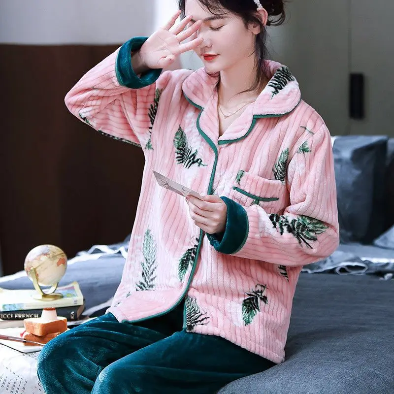 2024 New Women's Pajamas Autumn Winter Famale Sleepwear Coral Plush Loungewear Suit Cute Dog Home Wear Thick Flannel Outwear Set