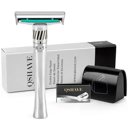 QSHAVE Upgraded Adjustable Double Edge Classic Safety Razor: Featuring Lubrication Strip and Twist Handle Design, Includes 5 Tit