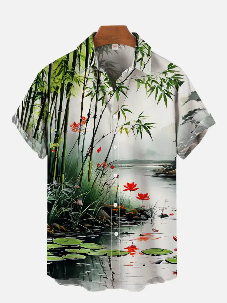 thumbnail image 1 of Camisa hawaiana de manga corta con cuello vuelto, estampado floral tropical Ukiyo-E y samurái japonés, moda 2024, 1 of 5