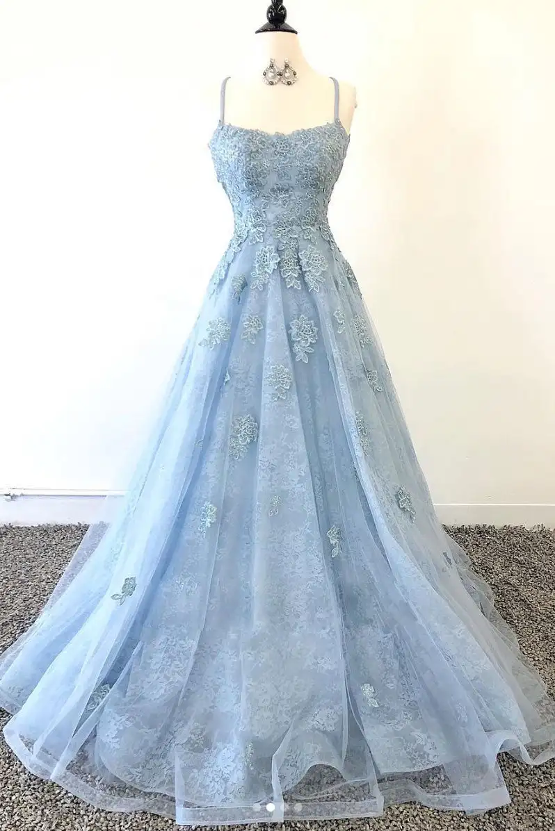 

Blue Prom Dresses Lace Spaghetti Strap A Line Long Backless Formal Occasion Dresses Evening Gowns Party Women