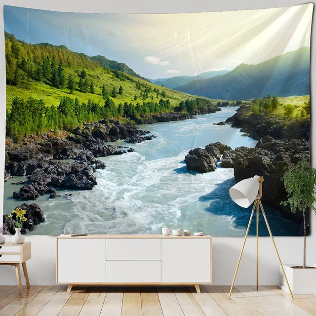 Paysage naturel de tapisserie de montagne et de rivière, tenture murale de cascade de jungle, adaptée à la décoration de la maison, du bureau et du dortoir 4