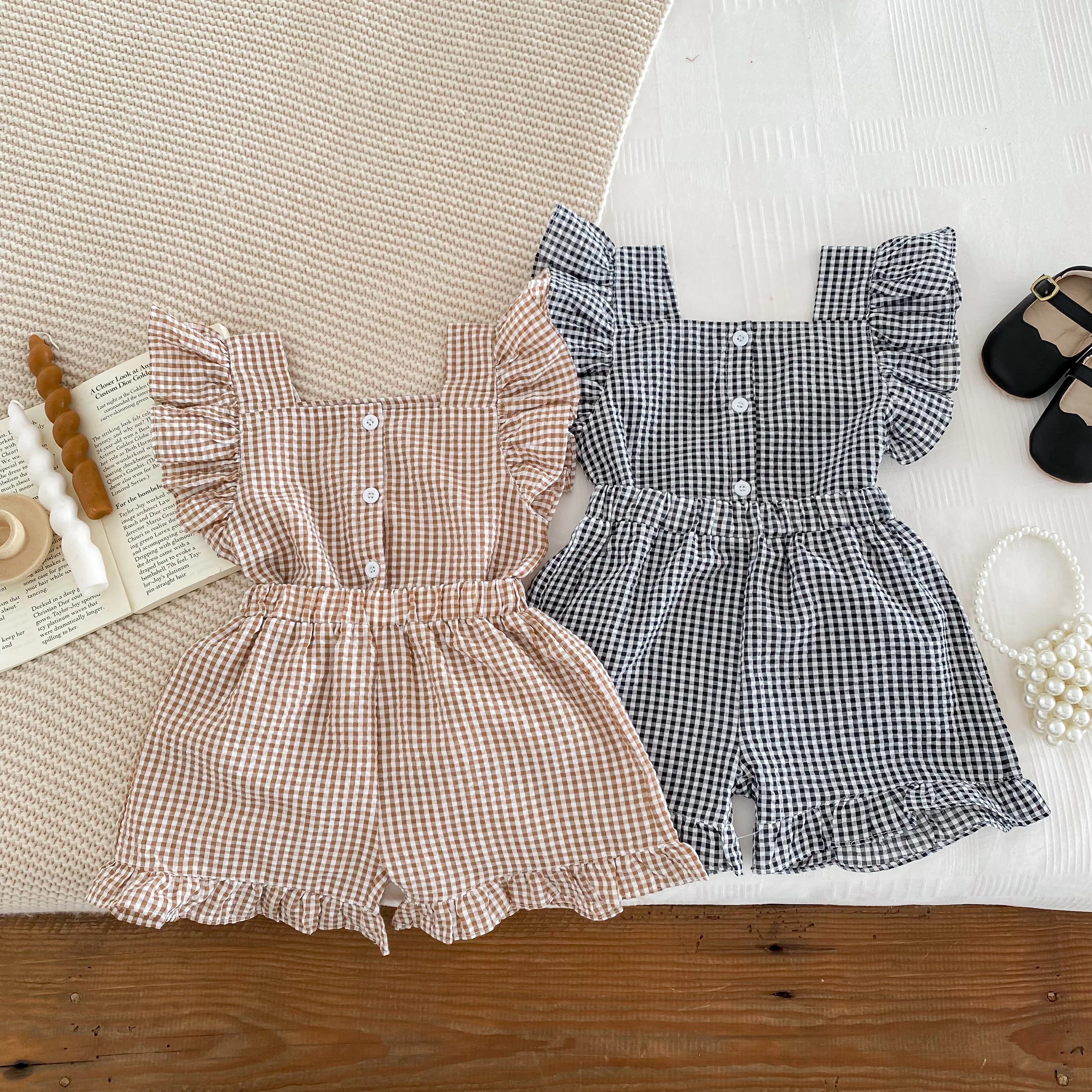 Completo per bambini in stile coreano, vestiti per bambini, camicette senza maniche a quadretti estive per ragazze + pantaloncini, set da due pezzi 2-6 anni - immagine 3