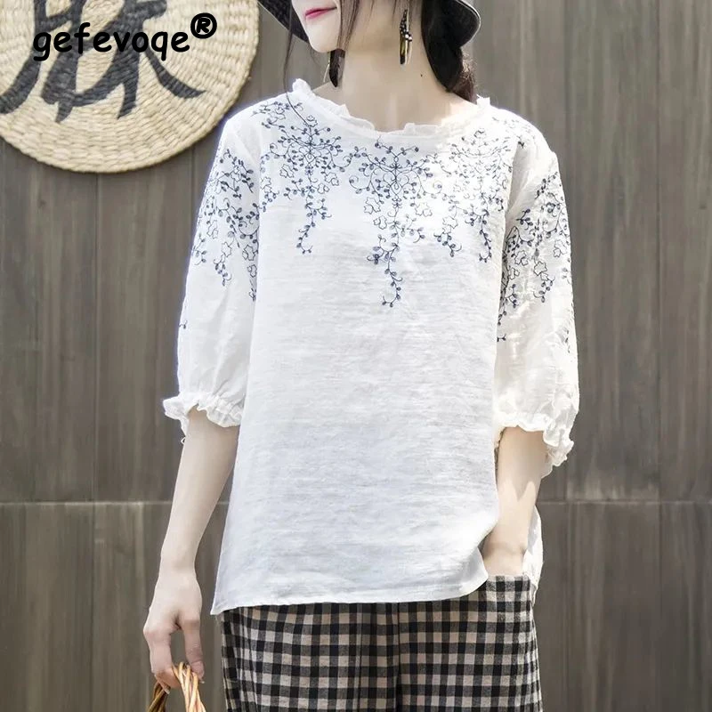 

Women Vintage Embroidery Simple Casual Half Sleeve T-shirt 2024 Summer Holiday Ruffle O Neck Loose Cotton Linen Tops Ropa Mujer