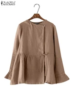 Women Casual Open-front Lace-up Shirts ZANZEA Long Sleeve O Neck Solid Cotton Blouses 2025 Spring Loose Tunic Tops with Pleats - Image 5