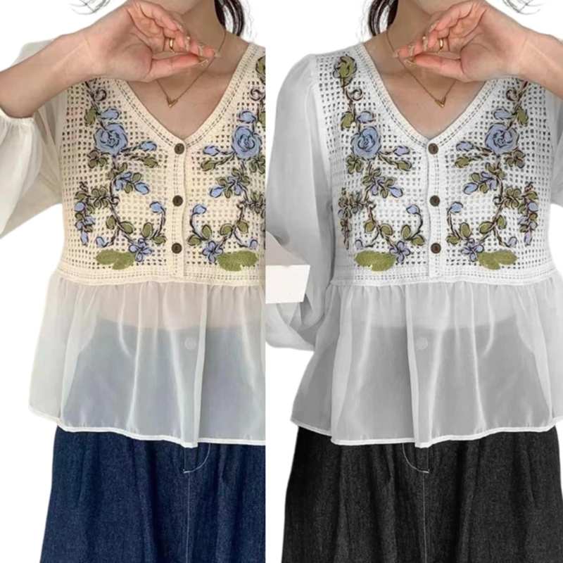 

Puff Long Sleeve Ruffle Loose Peplums Top for Women Button Up V-Neck Hollowed Out Crochet Embroidery Flower Shirt P8DB