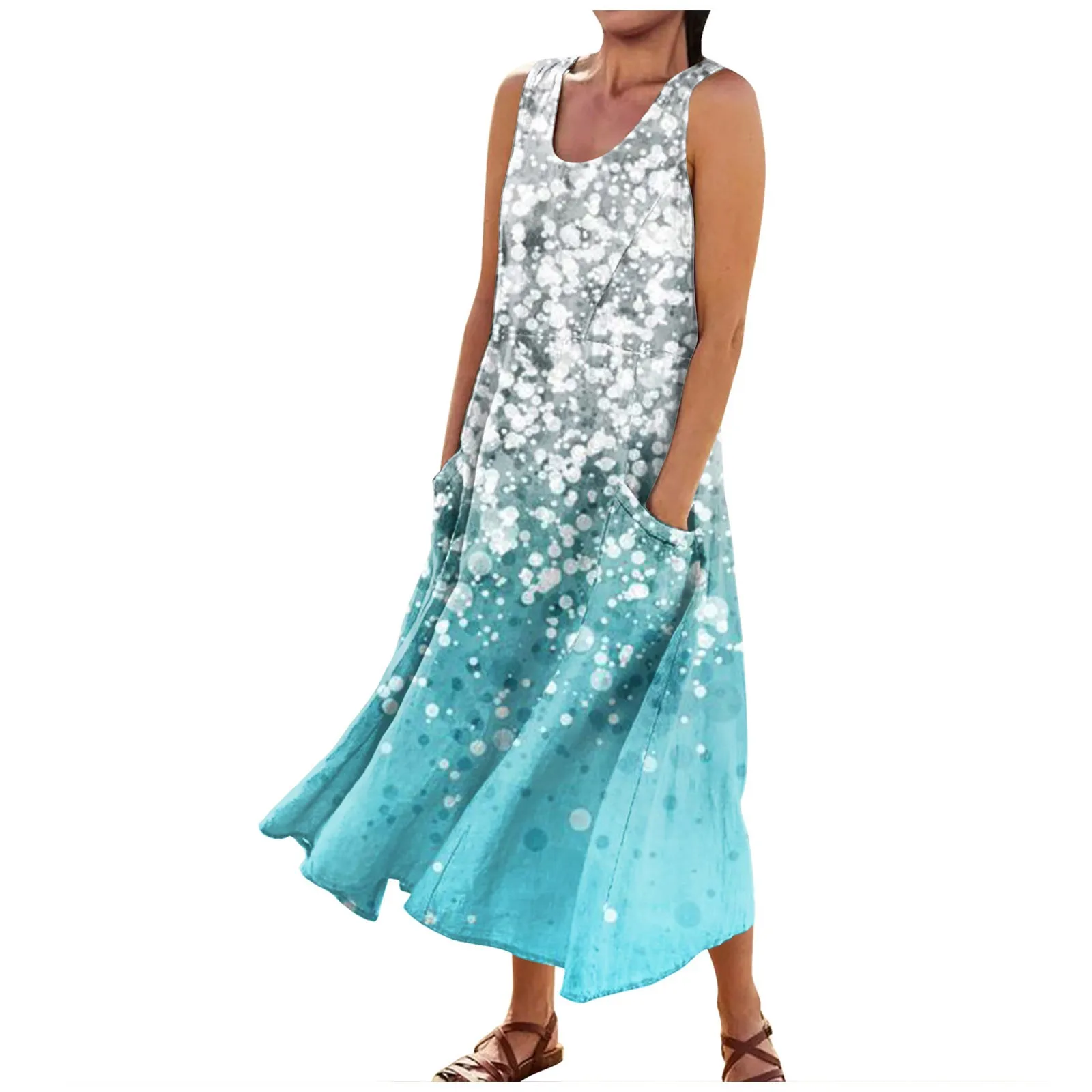 

Dresses Summer 2024 Woman Fashion Printed Sleeveless Round Neck Pocket Dress Beach Holiday Dress Vestidos Verano Moda 2024 여성의류