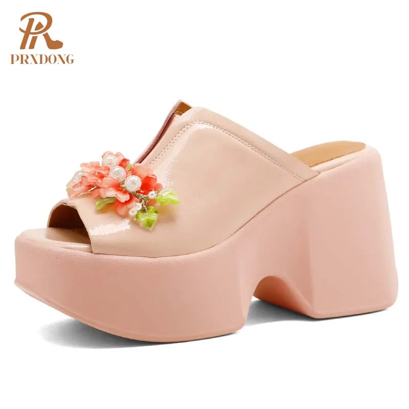 

PRXDONG 2024 New Fashion Summer Genuine Leather Chunky High Heels Platform Open Toe Black Pink Flowers Dress Party Sandals Shoes