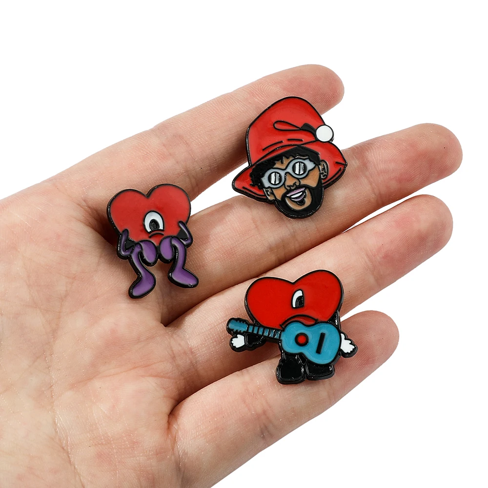 Kefeng Jewelry Bad Bunny Pin for Backpack Accessories Red Heart Enamel Badges Jewelry Fashion Brooches Denim Jacket