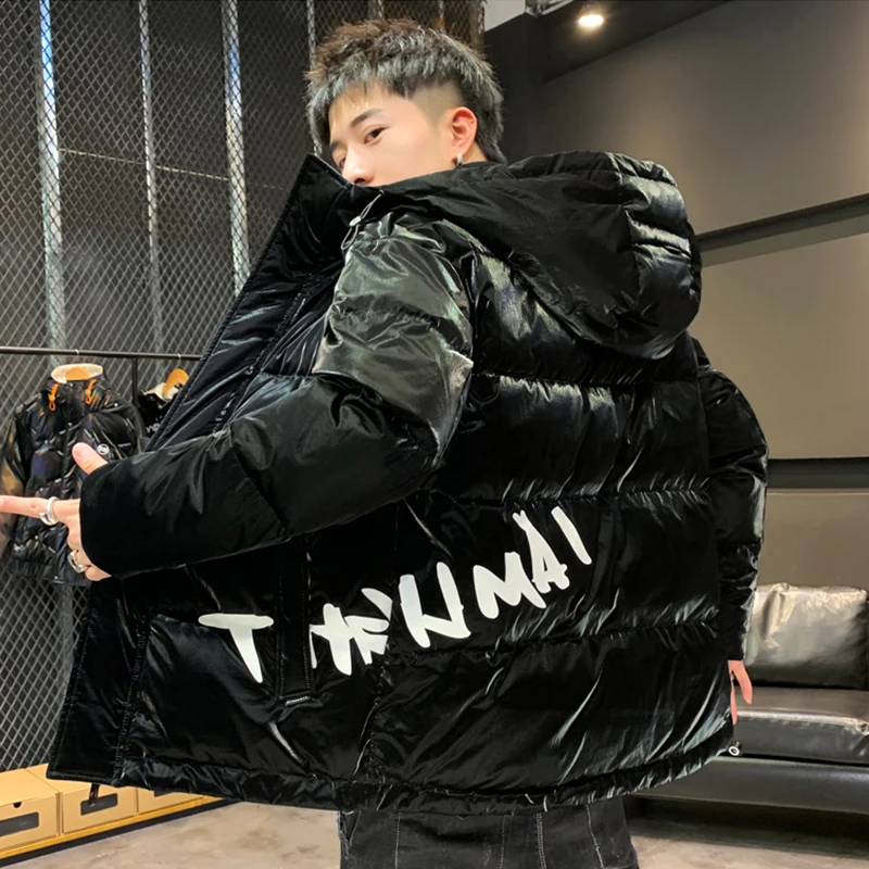 Casual 2023 Autumn Winter Men's Shiny Hooded Cotton-Padded Jackets Streetwear Bright Thick Warm Parkas Waterproof Top Down Coats