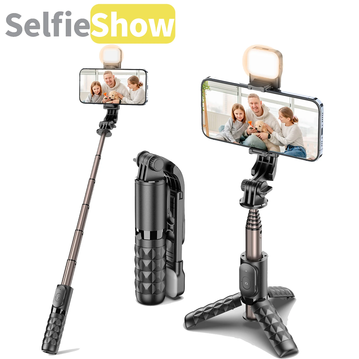 Selfieshow Q10s 알루미늄 합금 미니 블루투스 삼각대 셀카봉, 필 라이트..
