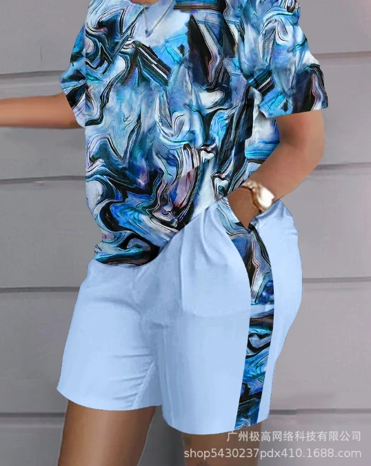 Women's Casual Fashion Versatile Daily Home Routine Tie Dye Short Sleeved Contrasting Print and Shorts Pocket Casual Set