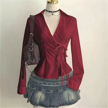 Harajuku Women's Shirt Unique Aesthetic Solid Color Slim Fit Sexy Y2K Girls Tie-Waist Gothic Street Style Casual V-Neck Tops 1