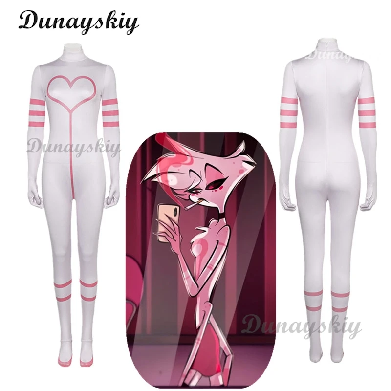 

Angel Dust Cosplay Pink White Costume Hazbin Rolelpaly Hotel Leather Tight Fitting Jumpsuit Outfiits Women Halloween Party