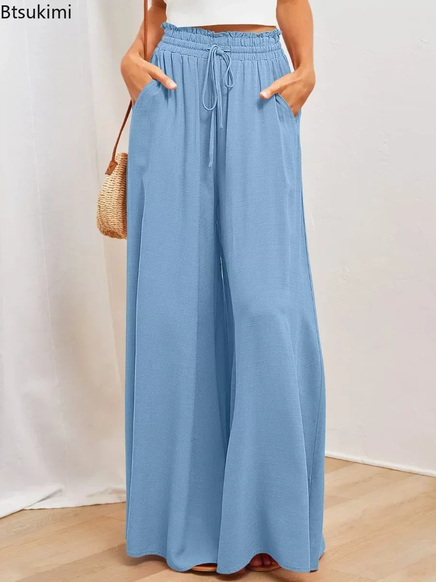 Pantaloni Donna Estate A Gamba Larga - Leggeri, Elasticizzati Con Tasca E Cintura In Vita - Foto 2