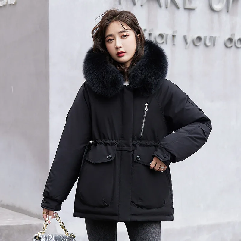Retro Women Solid Addensare Warm Parka 2022 Winter Fashion Big Fur Collar Cappotti Con Cappuccio Ladies Casual Giacca Imbottita In Pile Sciolto