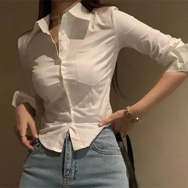 한국어 화이트 오피스 여성 쉬폰 셔츠 포켓 버튼 옷깃 숙녀 블라우스 봄 통근 긴 소매 새로운 여성 자르기 탑