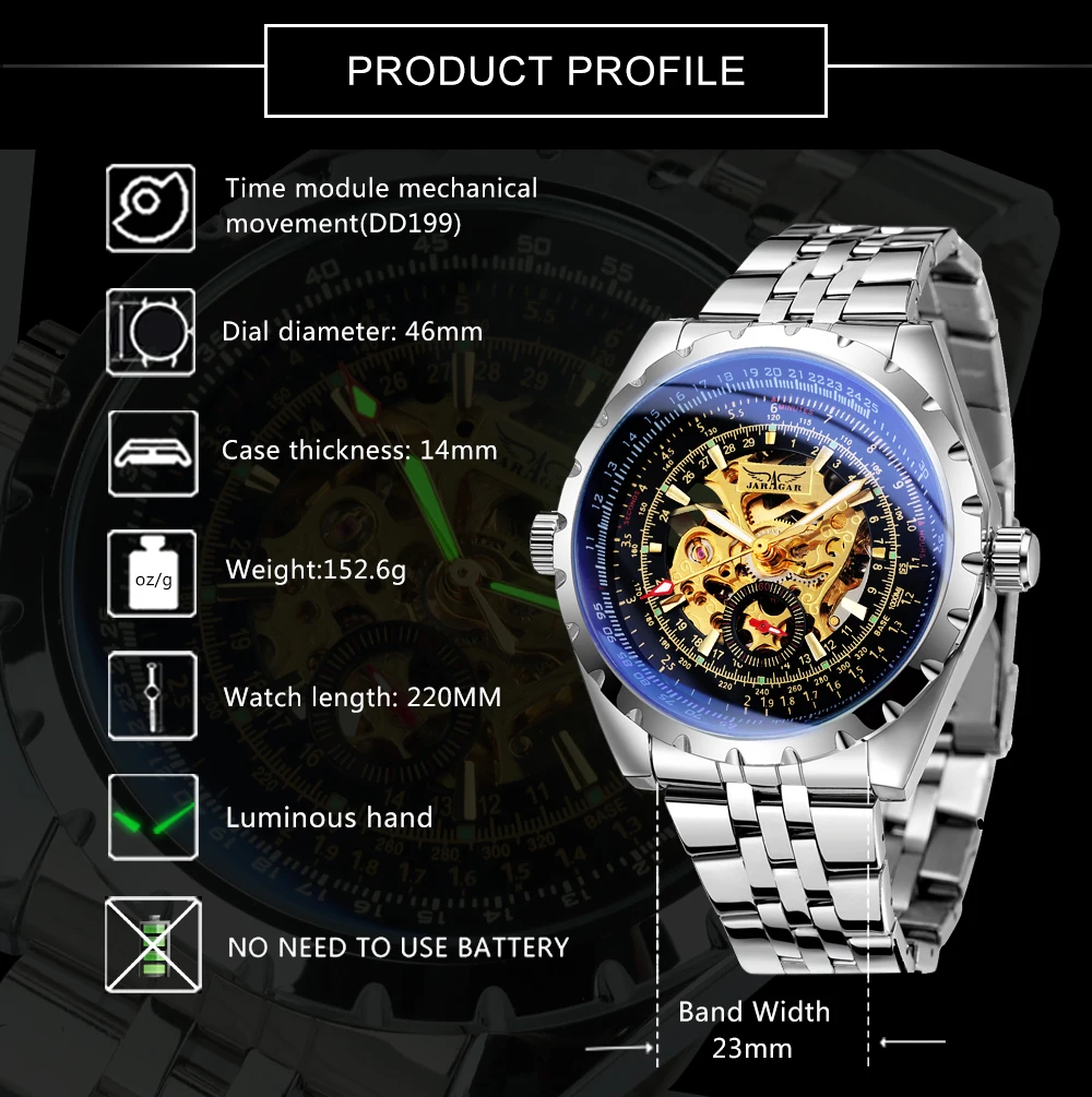 Luxury JARAGAR Men's Skeleton Mechanical Watch with Luminous Hands and Leather-Steel Strap