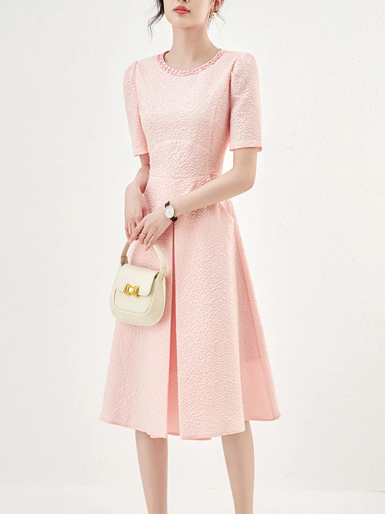 

Модные женские розовые жаккардовые платья с бисером, лето 2023, Элегантные повседневные женские платья с коротким рукавом, однотонные халаты