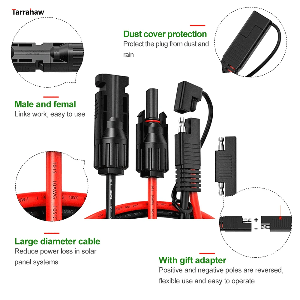 Solar Panel Connector Cable, Energy Storage Power Connector Solar Connector to Sae Plug 30A Photovoltaic Cable 10AWG Male or Female Vehicle Start Energy Storage Battery Waterproof Plug
