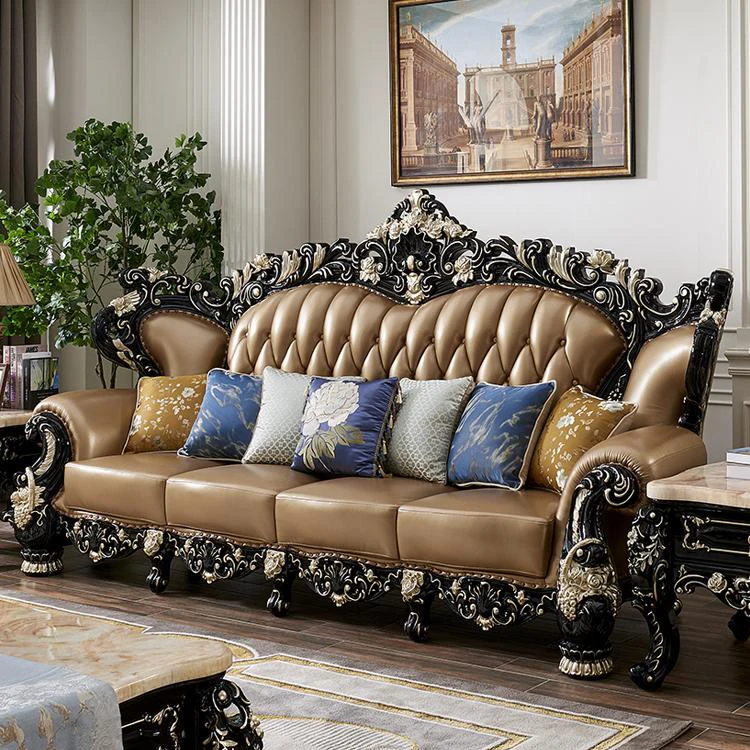 

ProCARE European Top Layer Cowhide Real Leather Sofa Double-Sided Carved Solid Wood Sofa Set Furniture Living Room