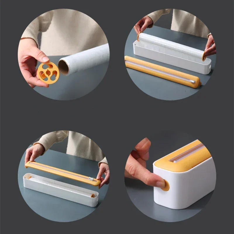 Cling Wrap Dispenser 2 in 1 Plastic Wrap Dispenser Food Cling Film Cutter Wrap Storage Box Aluminum Foil Stretch Film Cutter Kitchen Accessories