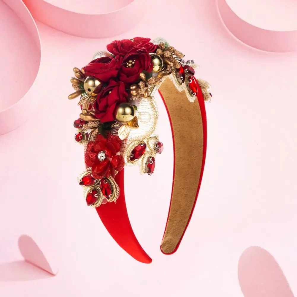 Vintage Women's Hair Hoop Wide Luxury with Fake Flower Faux Pearl Shiny Rhinestone Decor Anti-slip women hair hoop