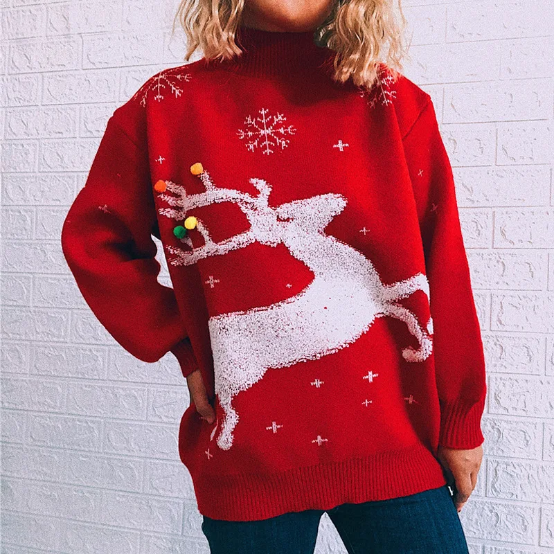 

Christmas Loose Thickened Sweatshirt Winter Fawn Snowflake O Neck Long Sleeve 2022 Women's Sweater Top Pullover Jumper Soft Warm