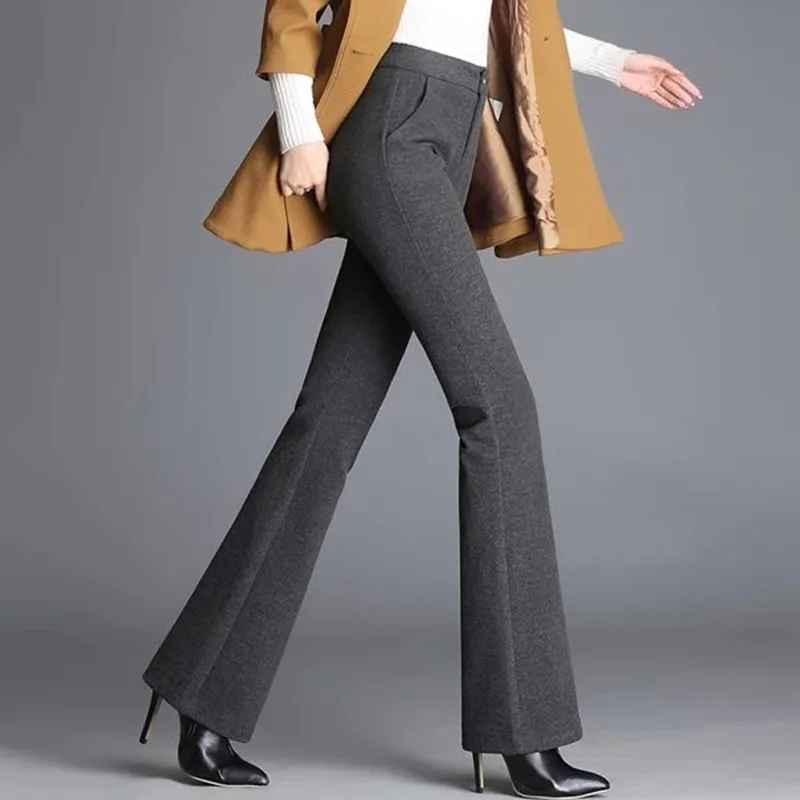 Casual High Waist Solid Gray Slim Woolen Flared Pants Korean Style Classic Pants Female Formal Chic Big Size 4XL Flare Trousers