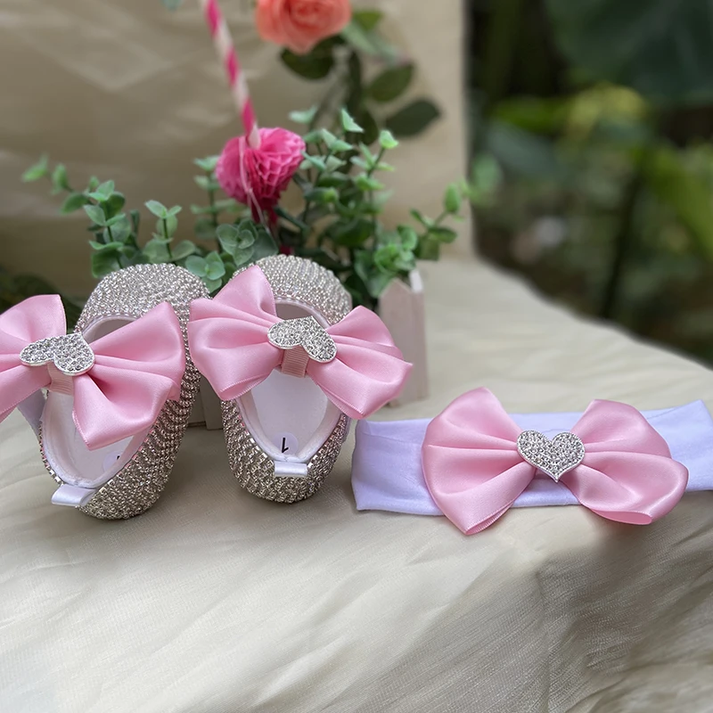 Dollbling 4 Seasons Girl 0-4 Years Gracefule Pink Butterfly Knot Prewalk Indoor Soft-Sole Shoes for Christening or Baby Shower 3