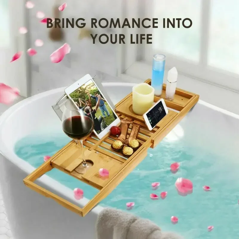 Bathtub Tray Bamboo Bath Tub Rack Bathroom Cloth Tablet Phone Holder Shelf Bamboo Tray Take a Bath Scalable Bathtub Rack
