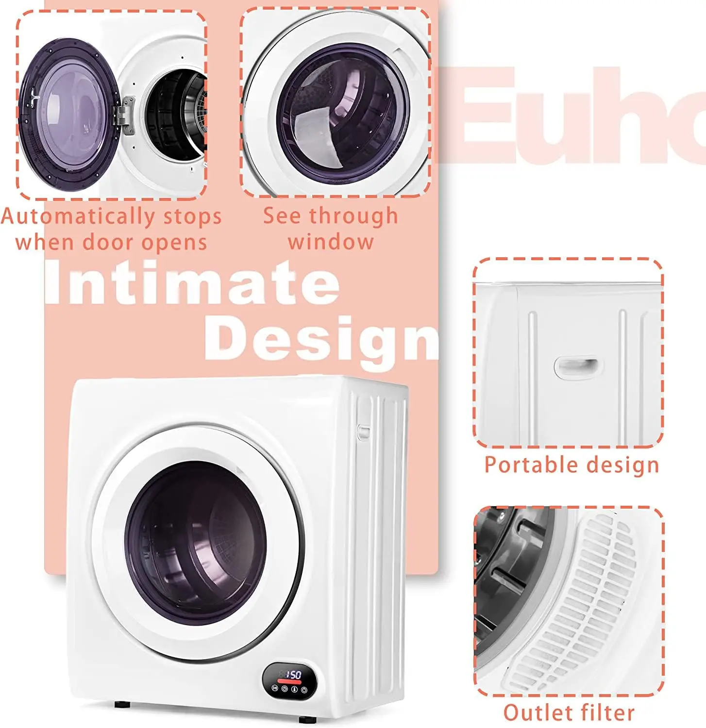 Compact Laundry Dryer 3.5 cu ft Front Load Stainless Steel Clothes Dryers With Exhaust Pipe 1500W LCD Control Panel
