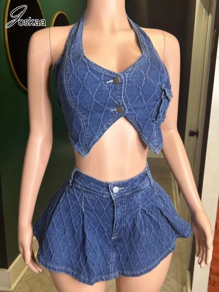 Joskaa Stretch Denim Two Piece Set Women Hipster Halter