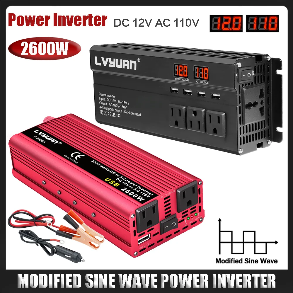 2000W 2600W 12V to 110V 120V อินเวอร์เตอร์แรงดันไฟฟ้า Converter Modified Sine Wave Multi US ซ็อกเก็ต USB ชาร์จบ้านกลางแจ้ง RV 1