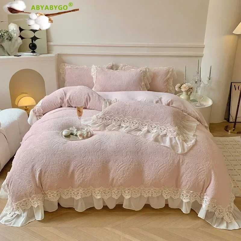 French Vintage Double Layer Lace Ruffles Carved Velvet Duvet Cover Set Winter Bedding Set Plush Quilt Cover Bed Sheet Pillowcase 5
