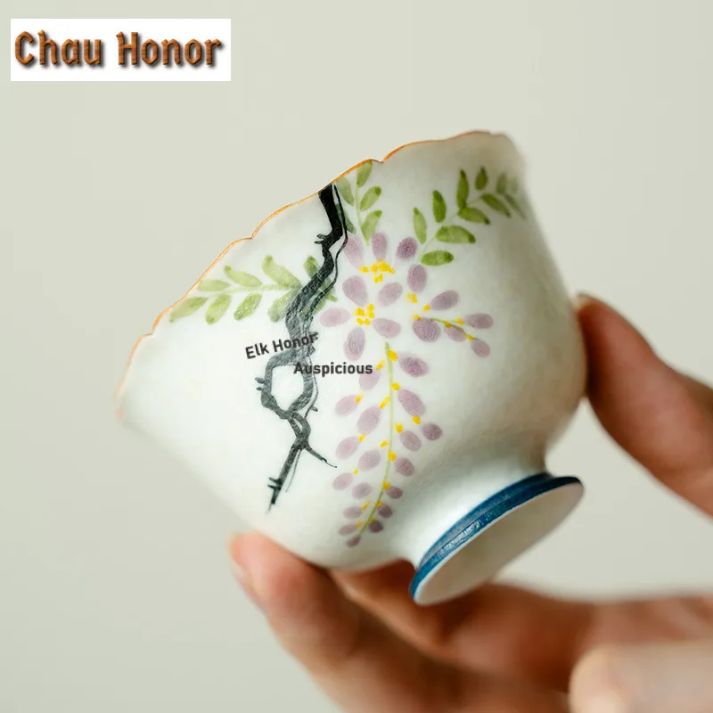 80ml Hand-painted Wisteria Flowers Teacup Antique Tea Bowl Tea Cup Set Tea-tasting Fragrance Cup Jianzhan Master Cups Drinkware