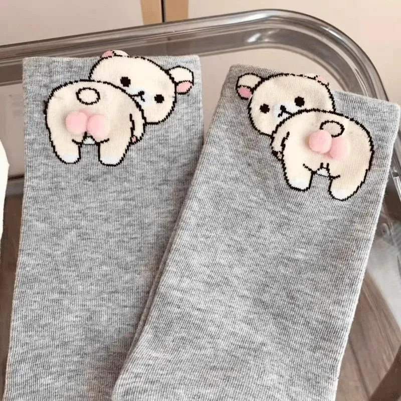 Creative Funny Cartoon Bear Butt Egg Socks Women Cotton Blend Mid Tube Socks Cute Animal Print Novelty Crew Stockings Socks