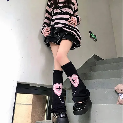 여성용 인스타그램 크로스 레그 워머, 하라주쿠 따뜻한 파일 양말, 카와이 니트 러브 풋 워머, Y2K 란제리 액세서리, 종아리 무릎 양말 2