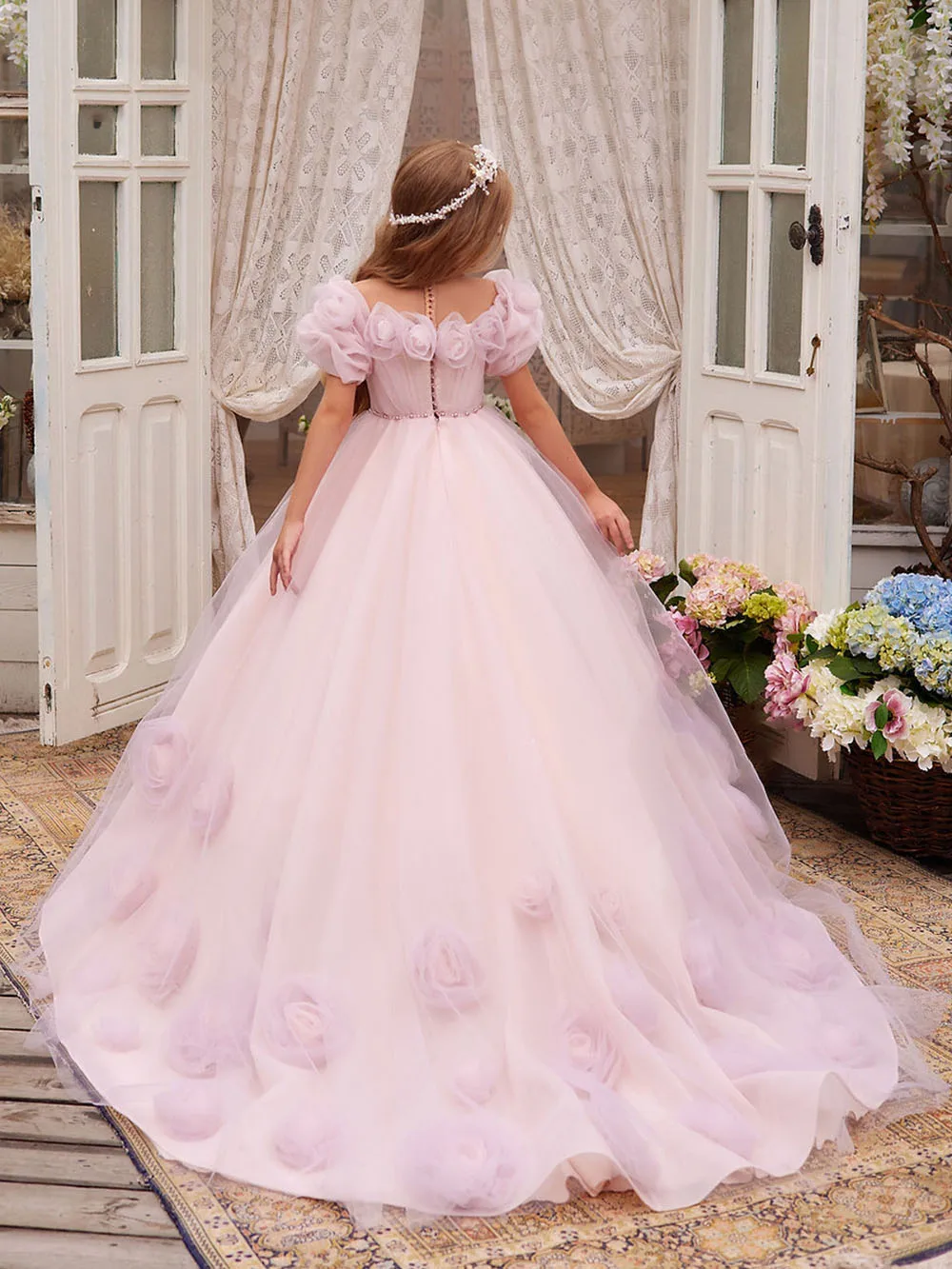 Pink Tulle Flower Girl Dress Wedding Applique Puffy Short Sleeves Princess Dress Birthday Party First Communion Ball Gown