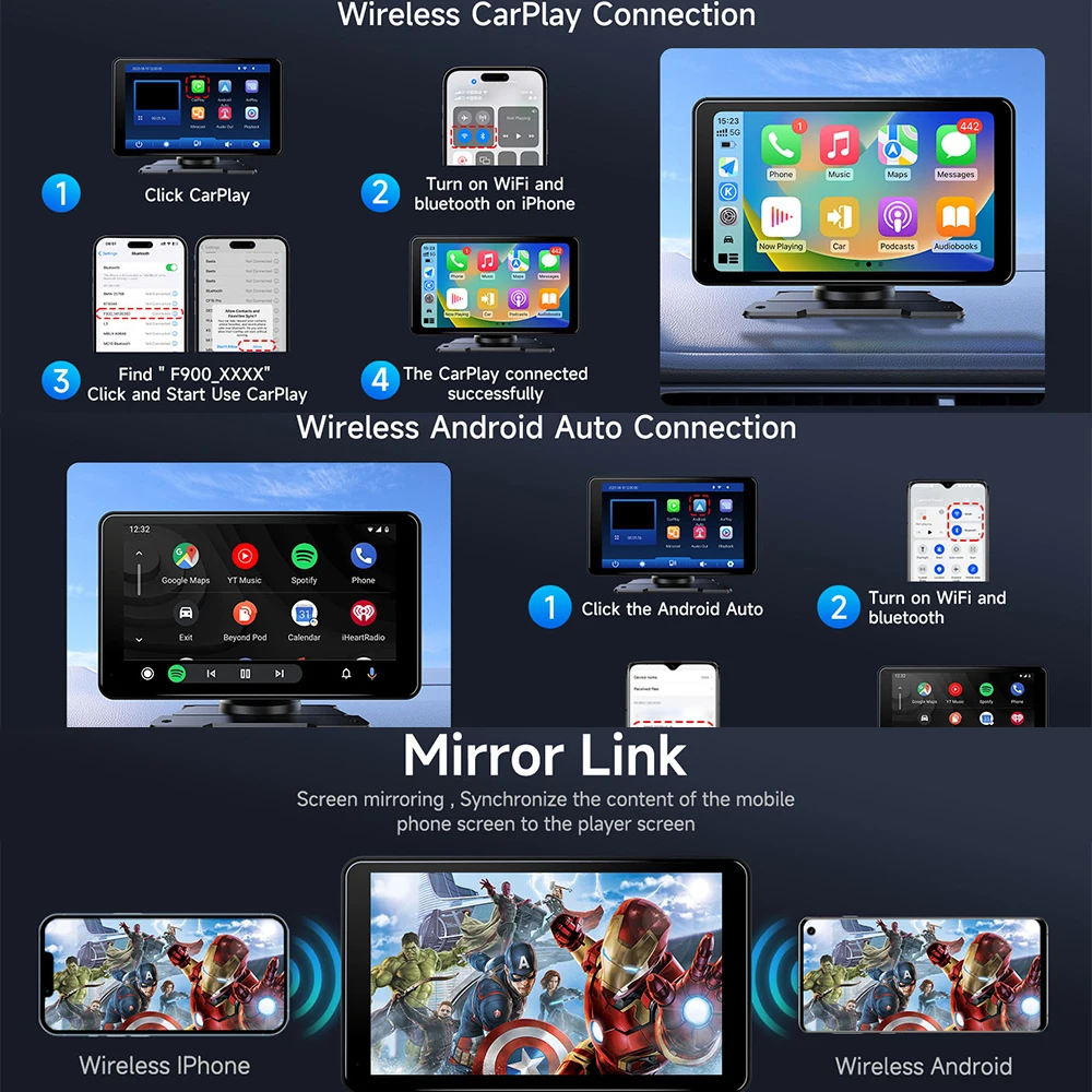 4K DVR 7 Inch Portable Wireless Carplay Screen For Car Multimedia Radio Player Audio Stereo CarPlay Android Auto Player Screen