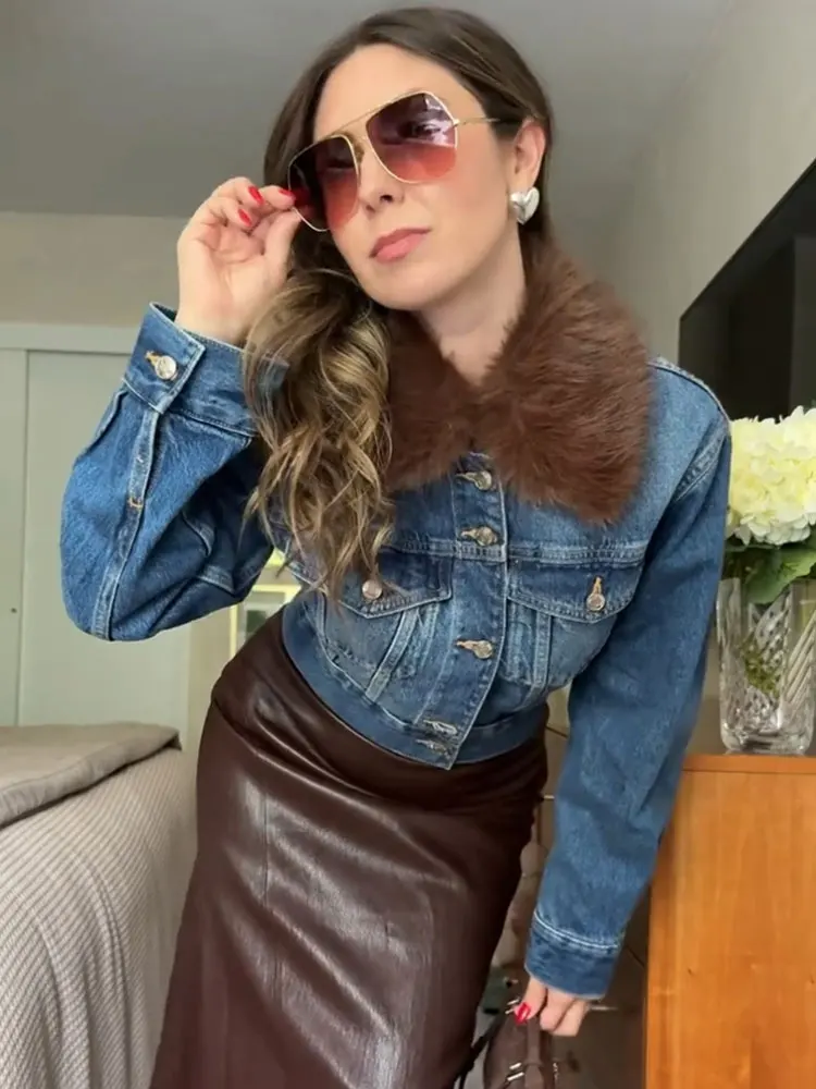 HH 2025 Autumn Women Denim Jacket Single Breasted Long Sleeve Faux Fur Collar Denim Jacket Coat Fashion Elegant Woman Outerwear