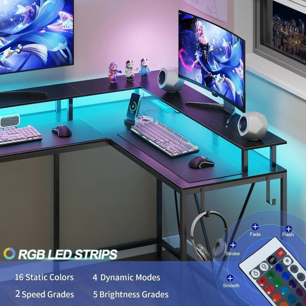 53" L-Shaped Gaming Desk with LED Lights, Power Outlets & Storage - Convertible Home Office Table