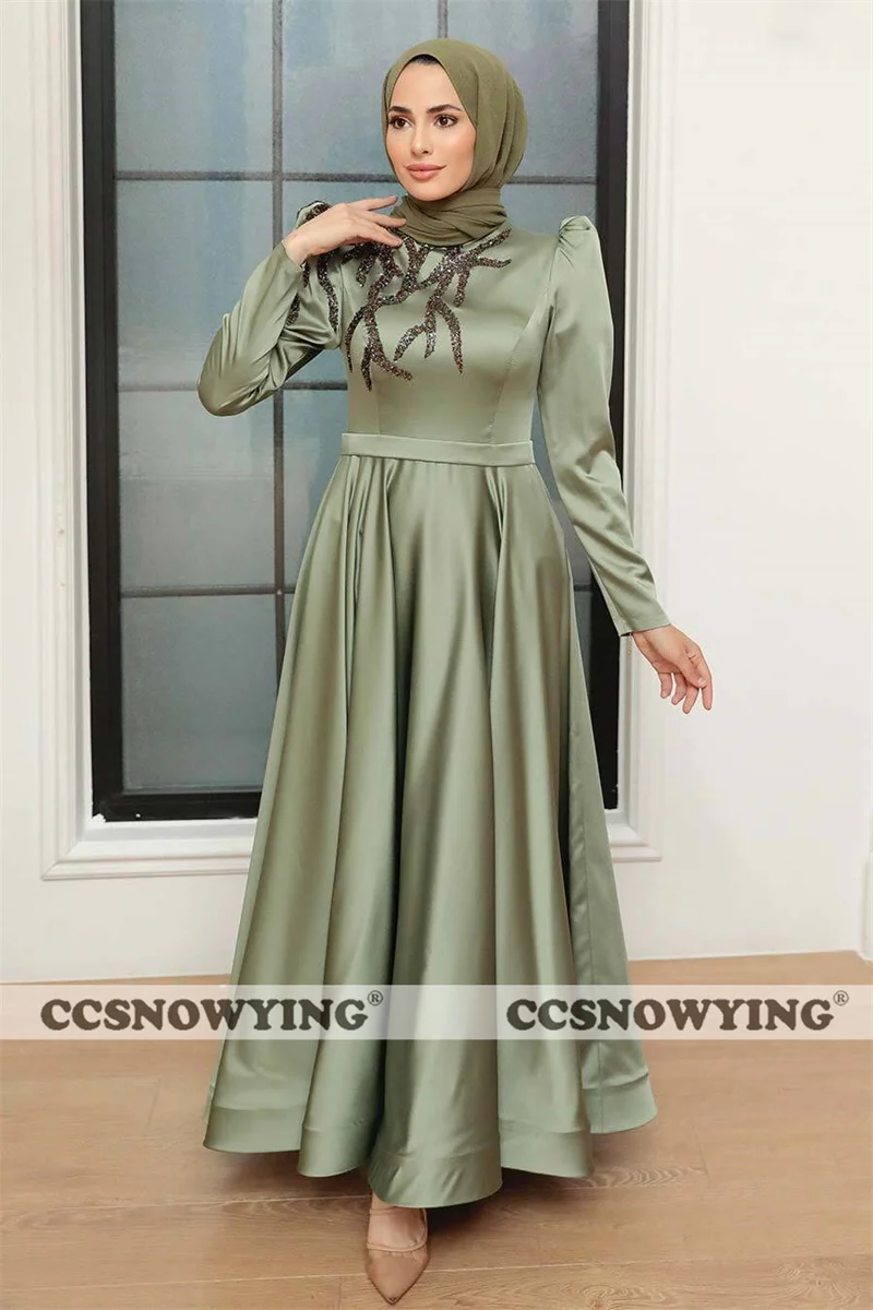 

Appliques Beaded Muslim Evening Dresses Satin Long Sleeve Islamic Formal Party Gowns High Neck Women Arabic Robes De Soirée