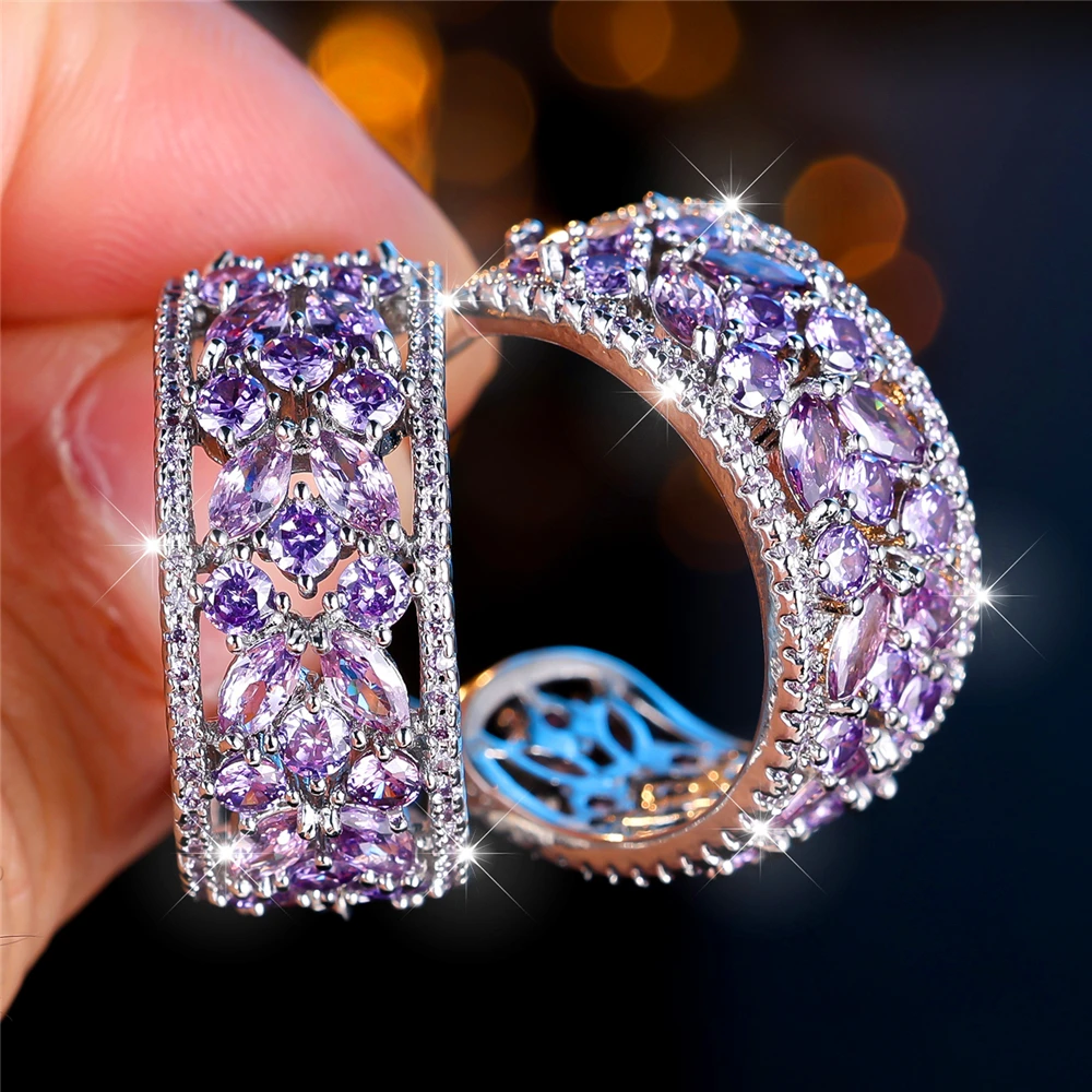 Luxury Female Red Green Purple Zircon Crystal Stone Stud Earrings Big Charm Silver Color Wedding European Jewelry For Women