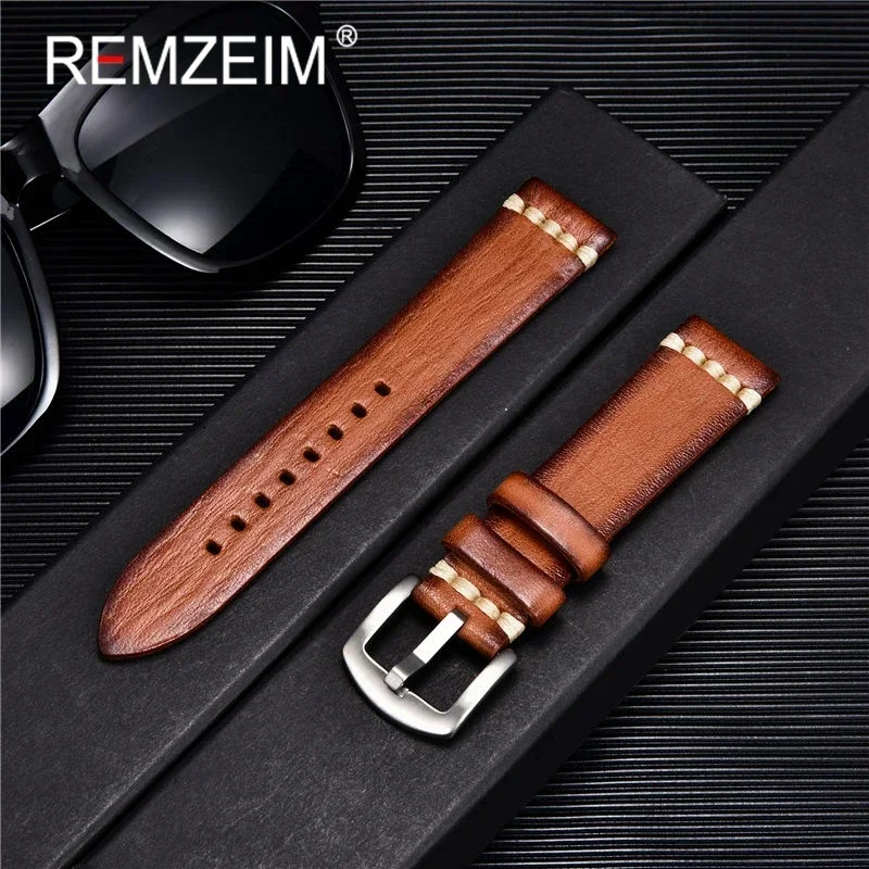REMZEIM Retro Vegetable Tanned Leather Watch Strap - Fashionable Unisex Watchband Accessories