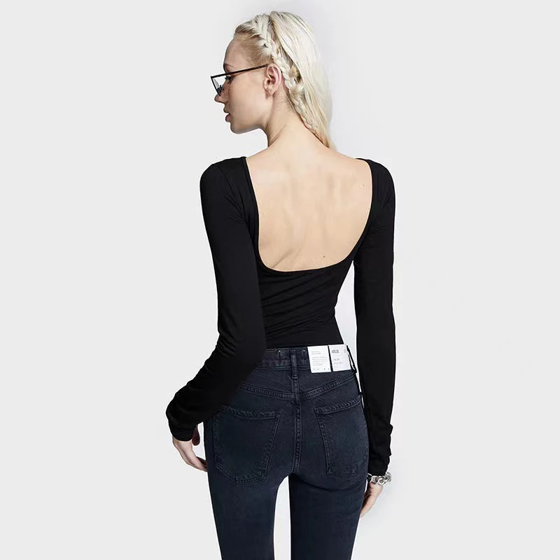 

Long-Sleeved Thin Backless Swan Neck Black T-Shirt Women Spring 2022 Wrap Fashion Tops Bottoming Shirt Summer Camisetas De Mujer