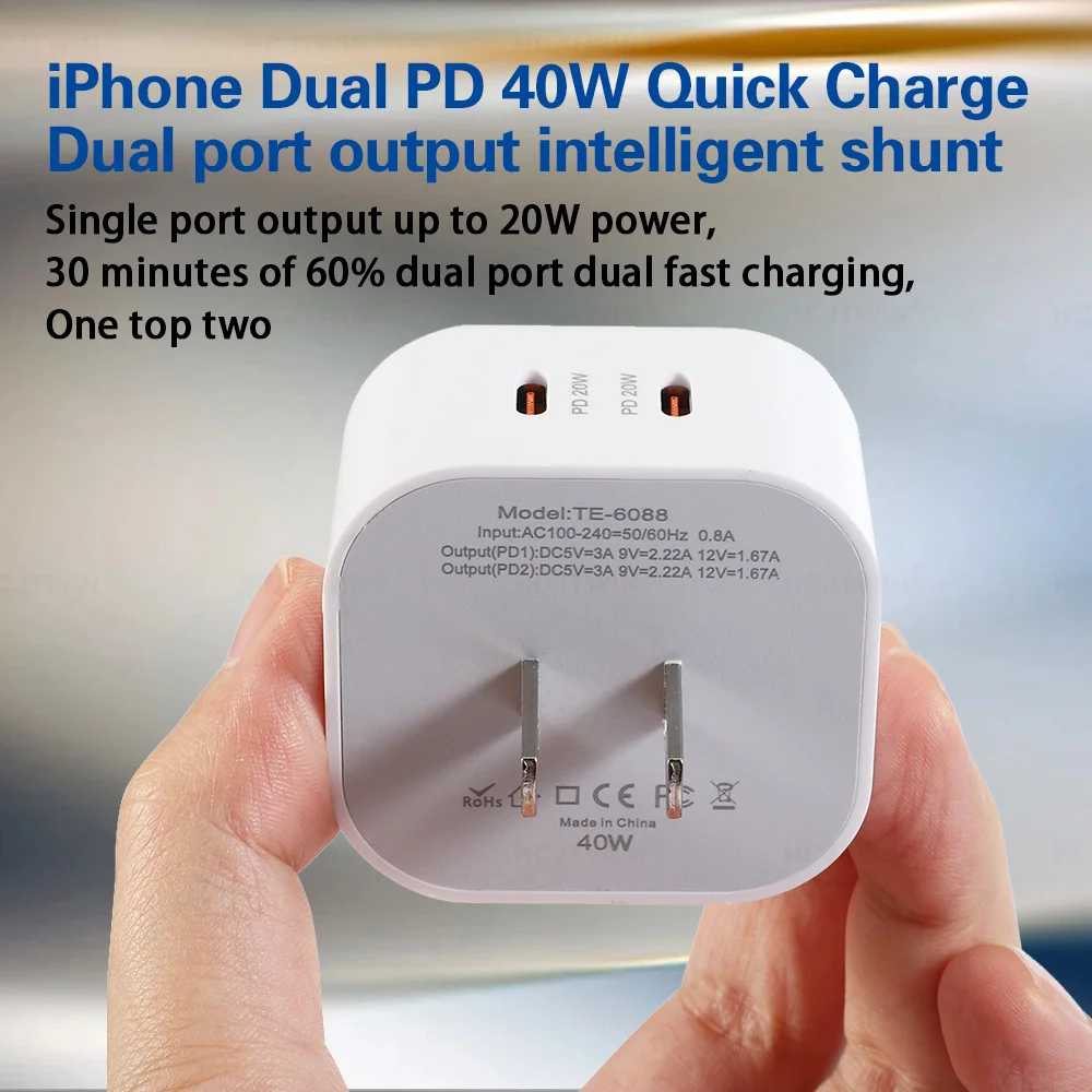 Total 40W Dual USB C Type c PD Wall Charger Fast Quick Charging Power Adapters For Ipad 2 3 4 IPhone 12 13 14 15 Xiaomi Huawei